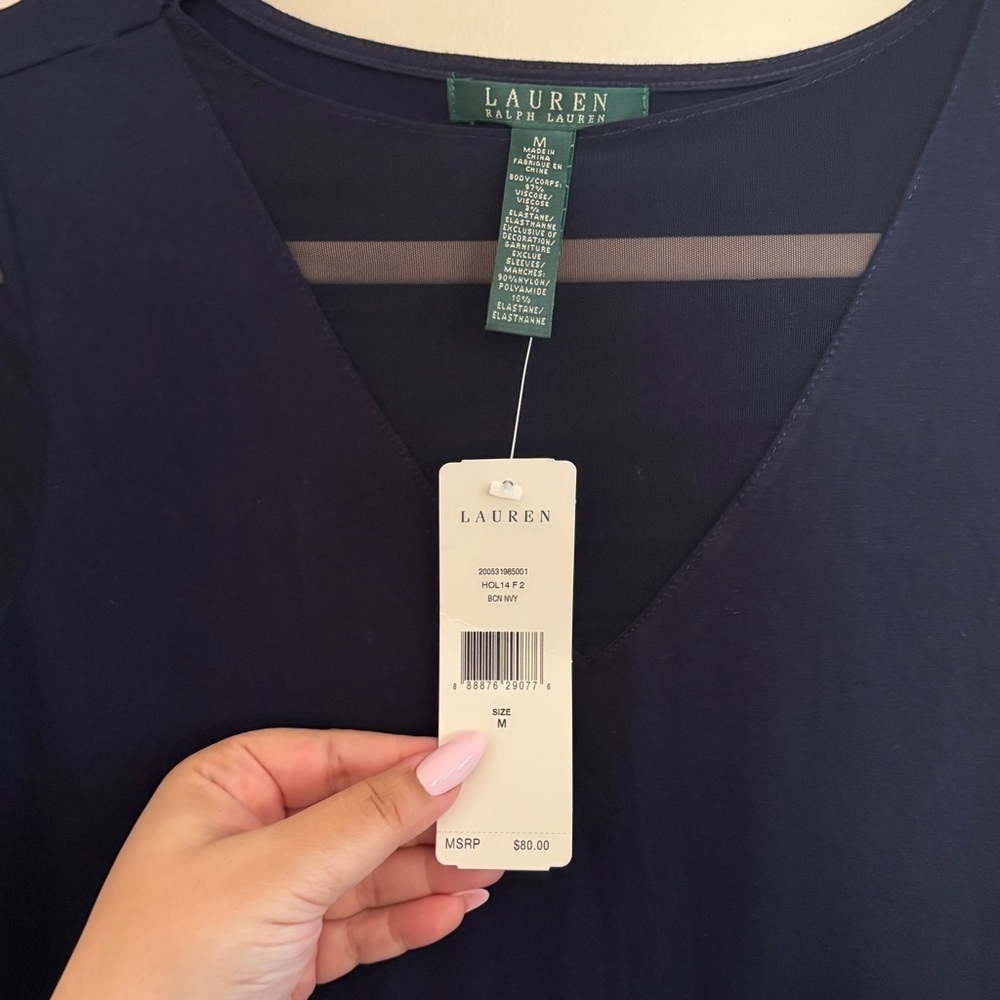 Lauren Ralph Lauren Navy Mesh Sleeve Top Size M V-Neck Sheer Detail NWT - Picture 2 of 4